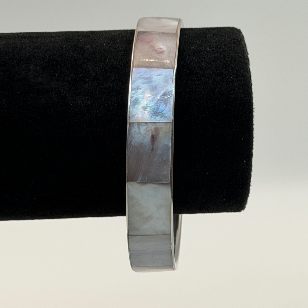 Mother of Pearl Shell Inlay Silver Tone Bangle Bracelet Minimalist Boho Vintge